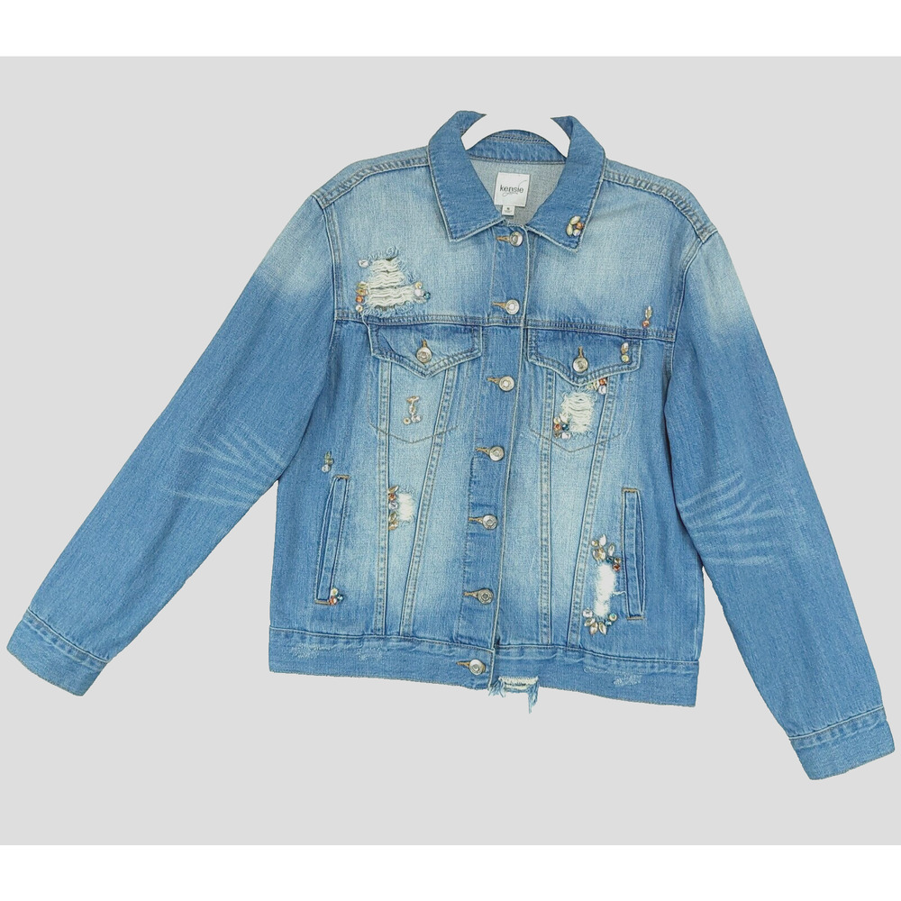 Kensie Embellished Distressed Jean Jacket Women S Denim Blue Long Sleeve - Picture 1 of 13